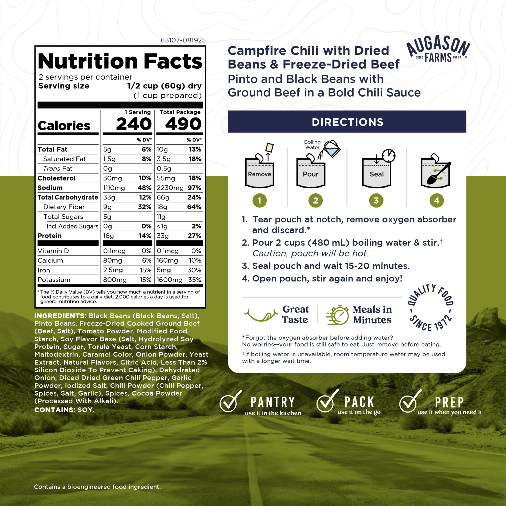 Campfire Chili with Freeze Dried Beef, Cook in Pouch, Outdoor Meals, 2 Servings - Image 3