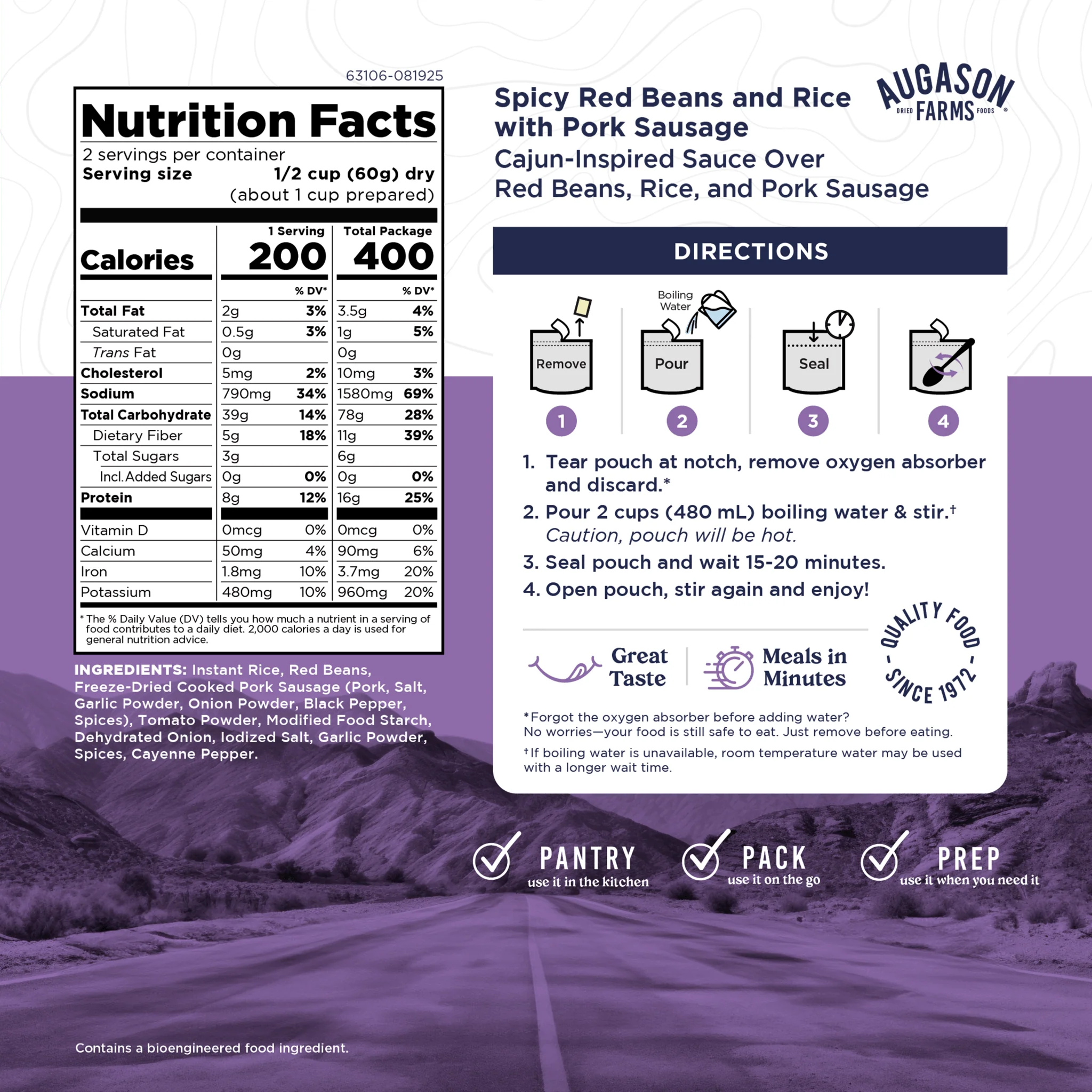 Spicy Red Beans & Rice with Pork Sausage, Cook in Pouch, Outdoor Meal, 2 Servings - Image 4