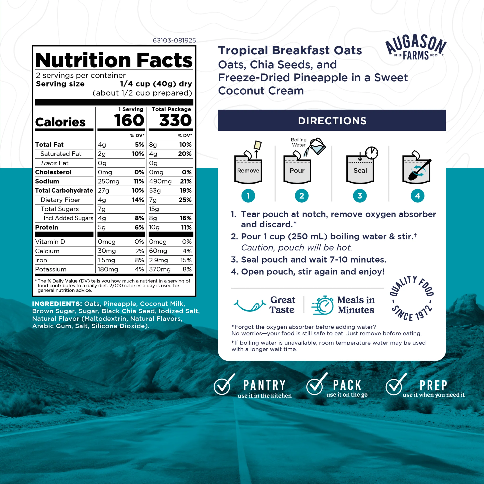 Tropical Breakfast Oats, Cook in Pouch, Outdoor Meal, 2 Servings - Image 4